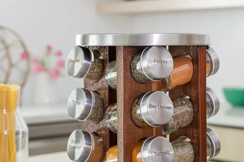 Vista 6 de Orii Repisa para 20 tarros de madera de acacia oscura con especias incluidas - Organizador giratorio en torre para especias y condimentos de cocina