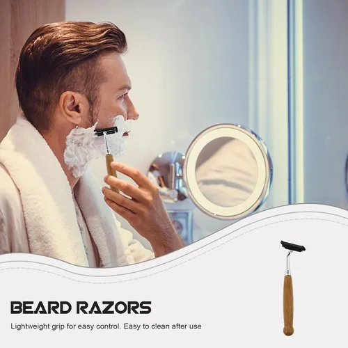 Vista 2 de Hemoton Maquinillas de afeitar manuales para barba, mango de bambú, afeitadoras de seguridad de doble filo, cuchillas de acero inoxidable