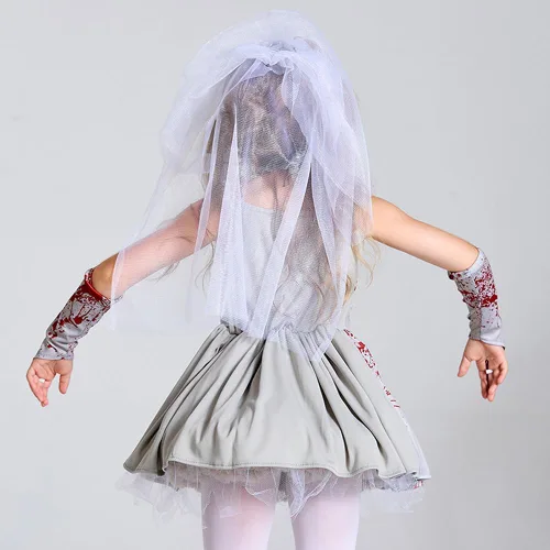 Vista 2 de HUYMHTER Disfraz de novia fantasma para niñas, vampiro, zombi, novia, cosplay, tutú para niños, vestido gótico sangriento para Halloween, cosplay
