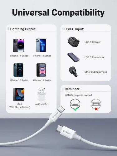 Vista 4 de UGREEN Cable USB C a Lightning: cable Lightning PD de carga rápida de 3 pies con certificación MFi compatible con iPhone 16/15/14/14 Pro/13/13