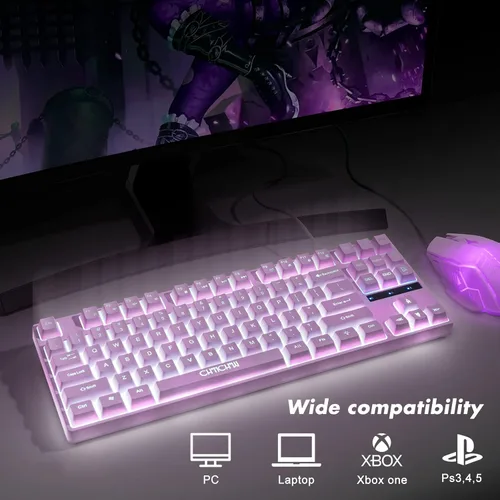 Vista 6 de CHONCNHOW - Teclado y mouse para juegos con retroiluminación blanca, teclado LED y micrófono de 87 teclas con cable de 3600 DPI con cable de 19