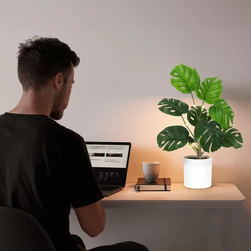 Vista 2 de RECUTMS Plantas falsas altas de 18 pulgadas con luz artificial Monstera planta palmera tropical en maceta blanca de imitación vegetación en maceta