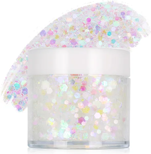 Vista 14 de Gel de purpurina blanca para la cara, purpurina corporal de sirena, festival, rave, carnaval, Halloween, cabello, lentejuelas para el cabello