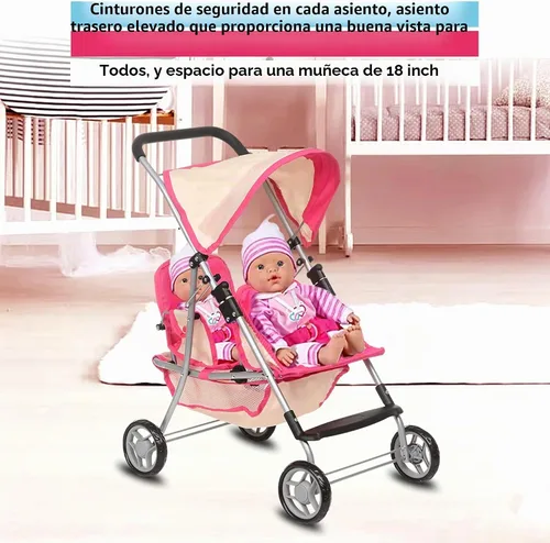 Vista 6 de Fash n kolor, Twin Doll Double Stroller Pink & Off-White Design Easy to Fold Double Stroller with Basket in The Bottom Rosa