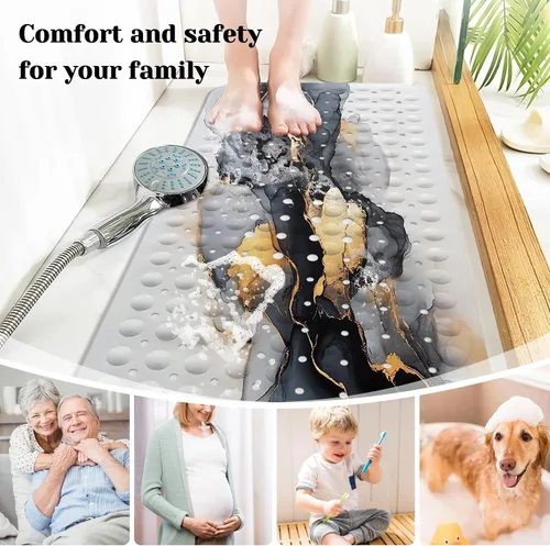 Vista 6 de Alfombrilla de Bañera de Mármol Antideslizante, Negra, Blanca y Dorada, Alfombrilla de Baño Antideslizante para Ducha, Grande, Lavable, con Agujeros