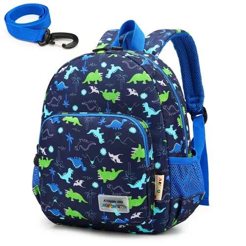 Vista 8 de willikiva Mochila de dinosaurio 3D para niños y niñas, mochila impermeable con arnés de seguridad preescolar (azul oscuro)
