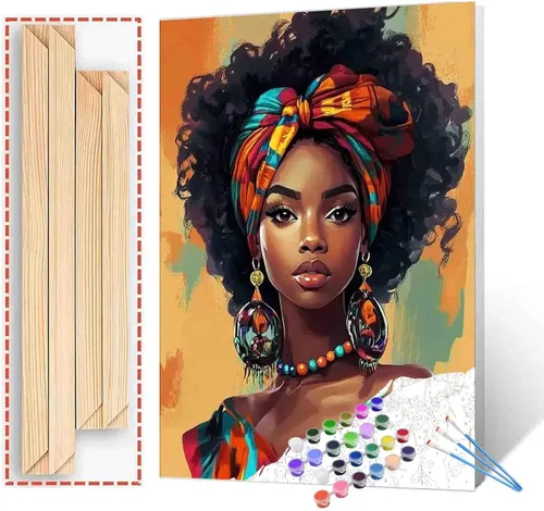 Vista 11 de Pintura de niña afro a la moda, kits de pintura por números, 16 x 20 pulgadas, lienzo de hojas tropicales, pintura al óleo para niños y adultos
