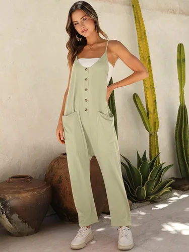 Vista 3 de DEEP SELF Overol sin mangas de verano para mujer, con tirantes delgados, botones, pantalones largos con bolsillos