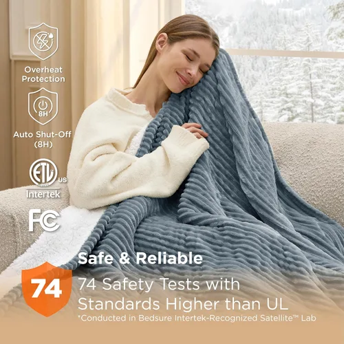 Vista 5 de Bedsure GentleSoft - Manta eléctrica individual – Manta térmica de franela suave acanalada, calefacción con 6 ajustes de tiempo (hasta 10 horas), 6