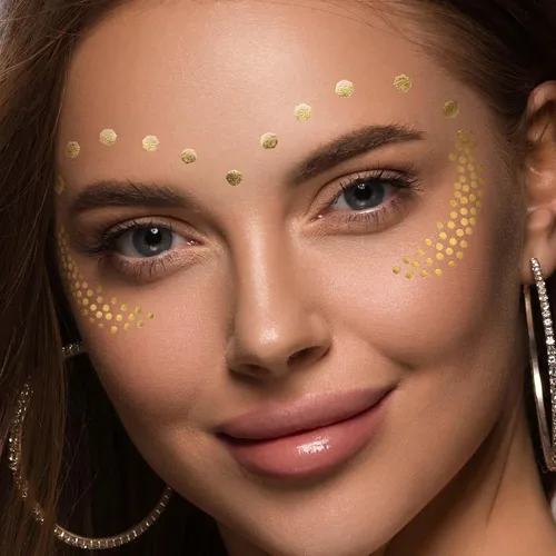 Vista 9 de 1 hoja de tatuajes faciales temporales metálicos dorados, luna celestial, estrella, pecas sintéticas, calcomanías de maquillaje, impermeables