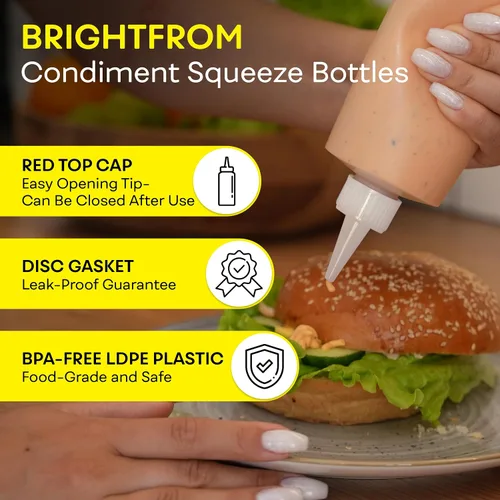Vista 2 de BRIGHTFROM Botellas vacías de 16 onzas, paquete de 2 recipientes para chorro con parte superior roja, sin BPA para condimentos, jarabe, salsa