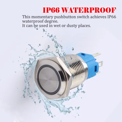 Vista 4 de Paquete de 2 interruptores de botón momentáneos de 0.63 pulgadas, 12 V-24 V, LED, impermeable, de metal, 1 NO 1 NC, con enchufe de cable