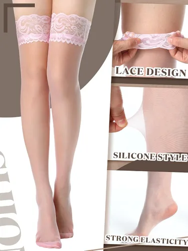 Vista 3 de Boao 3 pares de medias altas hasta el muslo para mujer, antideslizantes, de silicona, con encaje, medias de seda para mujeres y niñas, suministros