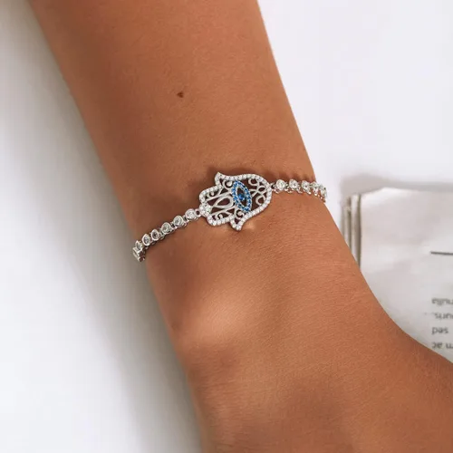 Vista 5 de BISAER Pulsera de plata de ley 925 con circonita cúbica Hamsa ajustable para mujer