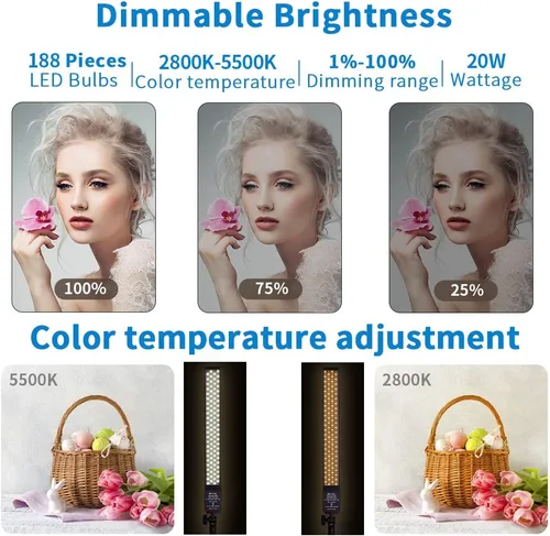 Vista 2 de Luz de video LED alimentada por batería, varita portátil de mano, regulable 2800-5500 K, kit de luz de estudio fotográfico con batería de iones