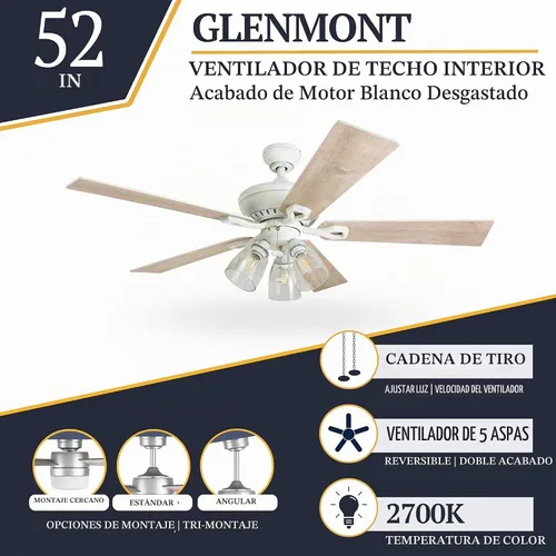 Vista 2 de Prominence Home Glenmont, Ventilador de techo LED de granja de 52 pulgadas con luz, interruptor de cadena, tres opciones de montaje, aspas de doble