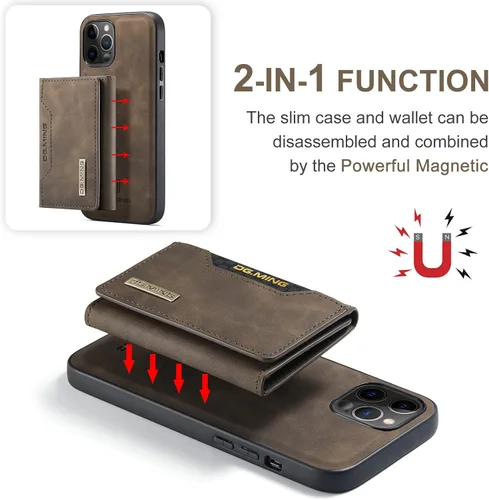 Vista 5 de Funda trasera desmontable 2 en 1 compatible con iPhone 12 Pro Max, funda tipo cartera con tarjetero y bolsillo de cuero, fundas delgadas para Café