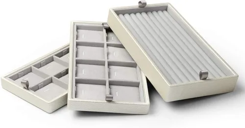 Vista 5 de Oirlv Maleta de joyería de cuero blanco para mujer, organizador de joyas de tres capas, soporte para anillos, aretes, collar, colgante, regalo