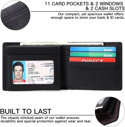 Vista 4 de GOIACII - Elegante cartera de cuero genuino para hombre, tarjetero espacioso con bloqueo RFID, doble blando, 2 tarjetas de identificación