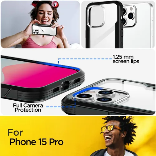 Vista 3 de AICase Funda para iPhone 15 Pro de titanio a prueba de golpes, transparente, de grado militar, probada en caídas de 20 pies, marco de aluminio