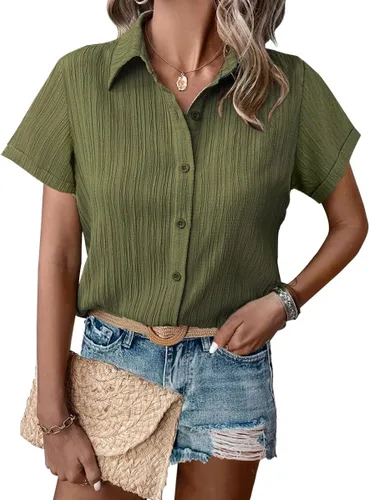 Vista 14 de HOTOUCH Camisa de vestir de manga corta con botones para mujer, cuello en V, con botones, para verano, con textura, para el trabajo