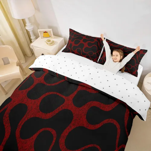 Vista 5 de Juego de ropa de cama decorativa roja y negra, funda de edredón geométrica con líneas de rayas abstractas para niños, niñas, niños, adolescentes