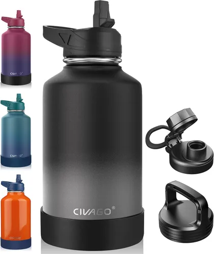 Vista 52 de CIVAGO Botella de agua aislada de 22 onzas con pajita, frasco de agua deportiva de acero inoxidable con 3 tapas