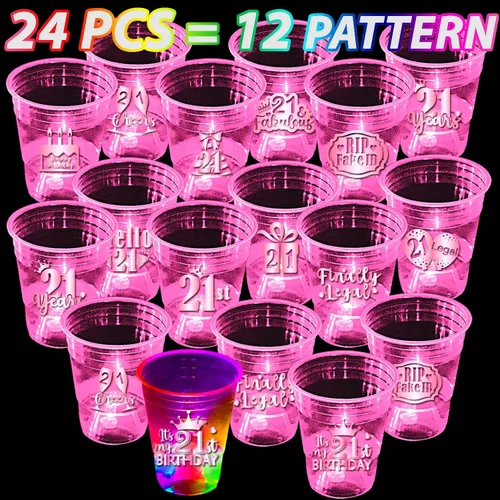 Vista 5 de mishunyus Paquete de 24 vasos de fiesta de cumpleaños 21 para mujer, vasos de plástico rosa de 16 onzas con diseños de lámina de oro rosa