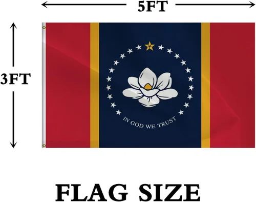Vista 3 de Bandera del estado de Mississippi de doble cara – Nueva bandera del estado de Mississippi de 3 x 5 pies para interiores y exteriores, poliéster 220D