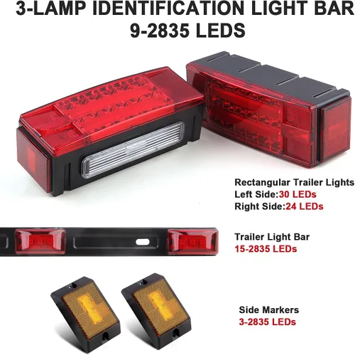 Vista 2 de Kit de luces LED sumergibles para remolque de barco de 12 V, luz LED rectangular de parada de freno y giro con luces de marcador ámbar reflejo