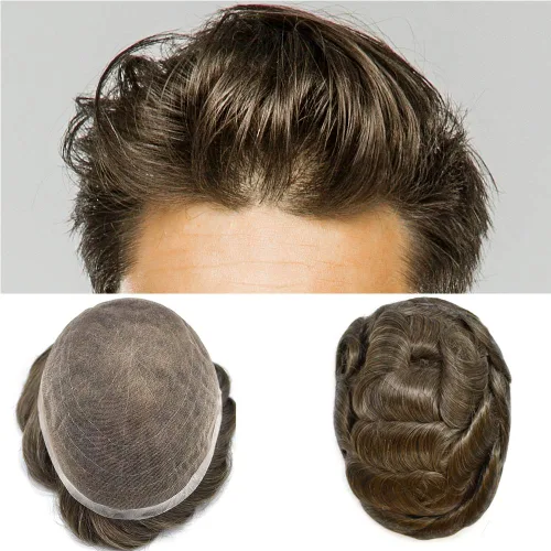 Vista 15 de Sistema de cabello para hombre, encaje francés suave, pieza de cabello humano real, nudos blanqueados, cabello frontal, tupé para hombres