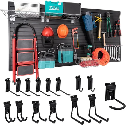 Vista 14 de Panel Slatwall para Garaje - Sistemas de Almacenamiento de Pared Ranurada con 26 Accesorios Slatwall, Paneles de Pared Ranurada de PVC Negro
