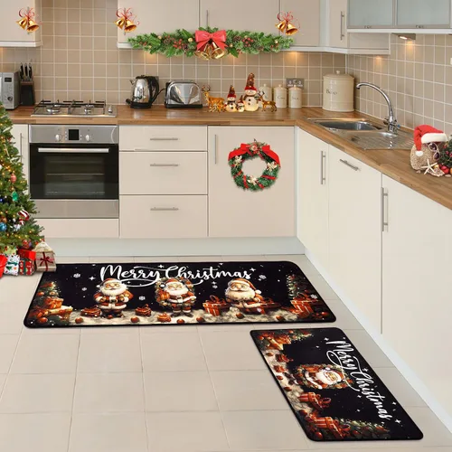 Vista 7 de Voanos Juego de 2 alfombras de cocina de Feliz Navidad, con temática linda de Papá Noel y regalo, decoración navideña para el hogar, tapete lavable