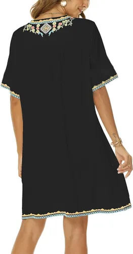 Vista 5 de AK Vestido campesino mexicano bohemio de verano para mujer, manga corta, floral, bordado, suelto, hippie, túnica bohemia