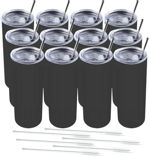 Vista 10 de Amtidy Paquete de 12 vasos delgados de 20 onzas con tapa y popote, vaso aislado al vacío de doble pared para bebidas frías y calientes