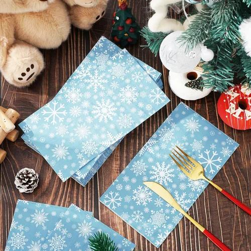 Vista 4 de Servilletas de papel desechables de 3 capas de copos de nieve de color azul cielo, servilletas de papel desechables para cena, suministros de fiesta