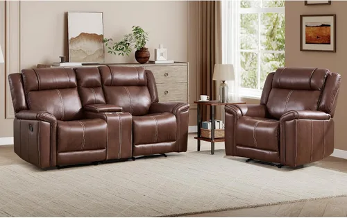 Vista 21 de EBELLO Sofá reclinable de cuero sintético de 3 plazas, sofá reclinable manual, silla de 3 asientos de estilo moderno de mediados de siglo con Marrón