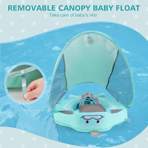 Vista 3 de Mambobaby Flotador de piscina para bebé con toldo extraíble – Flotador de natación infantil no inflable con diseño de cola antideslizante