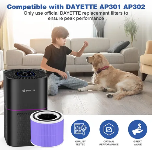 Vista 4 de DAYETTE AP301 AP302 - Filtro purificador de aire HEPA H14 de repuesto, diseñado para alergias a olores de mascotas, carbón activado Filtro