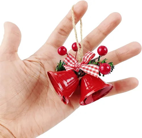 Vista 3 de TIHOOD 6 piezas campanas rojas de Navidad de 3 pulgadas, adorno colgante de árbol campanas de metal con cascabel para decoración navideña