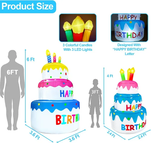 Vista 4 de Decoraciones inflables de pastel de cumpleaños feliz de 4 pies para exteriores con luces, decoración hinchable de fiesta de cumpleaños de días