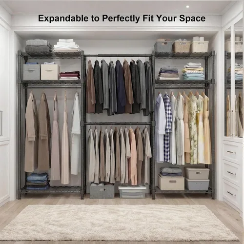 Vista 3 de BATHWA - Perchero de alta resistencia independiente para espacio de 68.9 a 90.2 pulgadas Expandable Clothing Storage, Adjustable 6 Shelves, 4