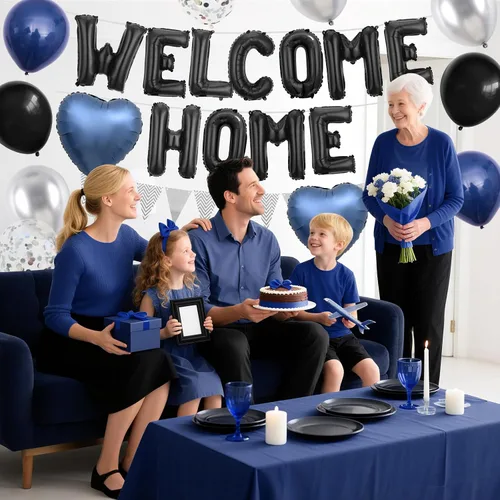 Vista 4 de Decoraciones Welcome Home Negro Azul Plateado, Pancarta de Globos de Papel de Aluminio Negro Welcome Home con Globos de Corazón Azul Marino Banderín