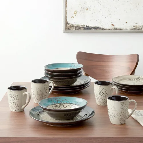 Vista 2 de Gourmet Basics by Mikasa Song Bird - Juego de vajilla de 16 piezas, verde, gris