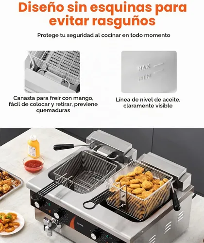 Vista 6 de VEVOR Freidora comercial, 2 freidora de aceite doble de 9 cuartos / 8.5 L con 2 cestas, acero inoxidable de 0.039 pulgadas de grosor, freidora