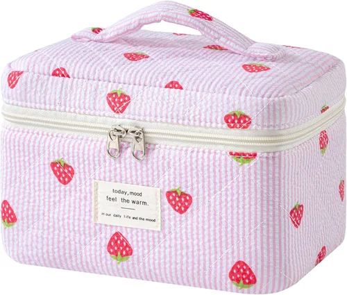 Vista 11 de HBselect Bolsa de Maquillaje Acolchada, Bolsa de Maquillaje Grande de Algodón para Viaje, Lindas Bolsas de Maquillaje con Flores Coquette, Bolsas