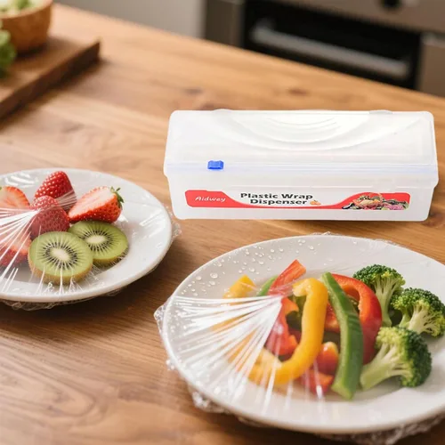 Vista 7 de Dispensador de plástico con cortador, dispensador de envoltura adhesiva con cortador deslizante para película de alimentos, papel de estaño, papel