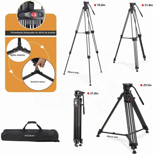 Vista 3 de RAUBAY Trípode profesional de cámara de video resistente de 70.8 pulgadas con cabezal fluido, placa QR para videocámara DSLR, carga máxima de 17.6