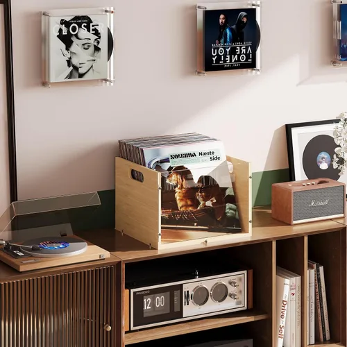 Vista 8 de Caja de almacenamiento para álbumes de discos, caja de discos de vinilo de bambú y acrílico, caja multifuncional con soporte visible para discos