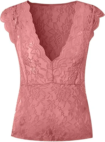 Vista 5 de Camisetas sexys para mujer con ribete de encaje festoneado hueco transparente para noche fiesta club